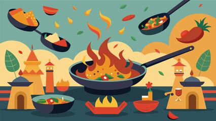 Sizzling pans and the sizzle of es offered a tantalizing glimpse into the culinary delights of foreign cultures at the festivals cooking demos.. Vector illustration