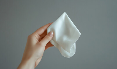 A hand holding a white cloth napkin against a gray background