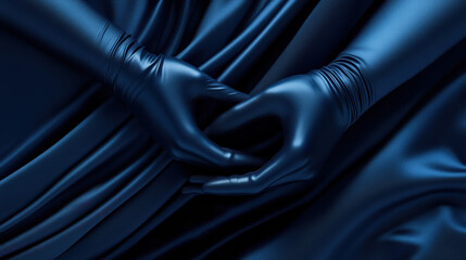 Obraz premium A conceptual close-up shot of a figure's gloved hands forming an intricate gesture, enveloped in silky deep blue fabric. The minimalist background isolates the expressive movement, while dramatic ch