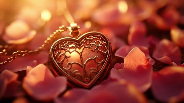 Beautiful heart-shaped locket resting on delicate pink rose petals, capturing a romantic and serene atmosphere, perfect for love-themed visuals and Valentine's Day inspiration