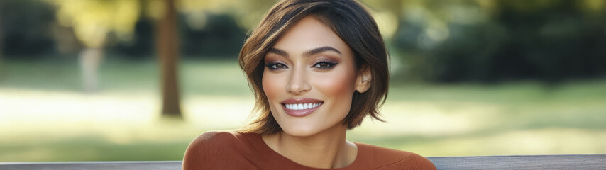 Fototapeta premium Smiling woman outdoors in a park during a sunny afternoon