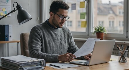 Fototapeta premium Businessman reading a financial report on a laptop in a cozy office environment
