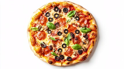 Delicious pepperoni, mushroom, and olive pizza on white background; food photography for menus