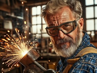 Obraz premium Craftsman welding with sparks in a workshop setting.