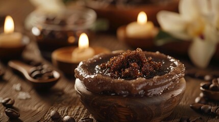 Fototapeta premium A small glass jar filled with homemade coffee or sugar scrub, placed on a wooden surface with spa elements