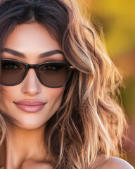 Naklejka premium Confident woman shines in sunglasses against a warm autumn backdrop during golden hour