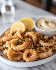 A mouthwatering platter of golden calamari, invitingly arranged with fresh lemon and creamy dip, evokes culinary delight.