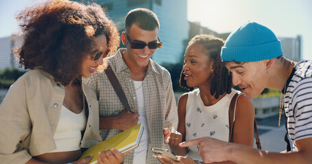 Smile, friends and talking with phone in city for social media, reading funny joke and group...