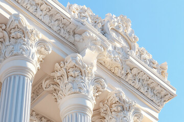 Elegant white architectural columns with intricate ornate detailing against a clear blue sky art