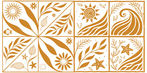 A visually appealing A4 page divided into four equal sections, each featuring a unique abstract pattern inspired by nature. The designs incorporate elements such as sunbursts, ocean waves, swirling wi