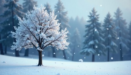 Snowflakes gently fall onto a single tree in winter, white, nature