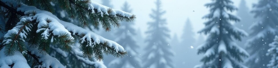 Snowflakes gently fall on towering pine tree branches, snow, landscape, winter