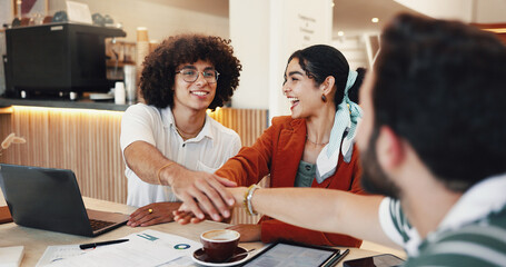 Business, people and hands stack at cafe for teamwork, accounting support and financial management. Staff, budget documents and agreement for collaboration, finance growth and investment opportunity