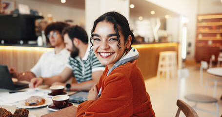 Portrait, smile and woman with colleagues, cafe and confident for collaboration in store, tea and group. Happy, people and journalist with coworkers in meeting, beverage and customer in coffee shop