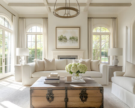 A serene, light-filled living room showcasing calming colors and elegant furnishings, evoking comfort and tranquility.