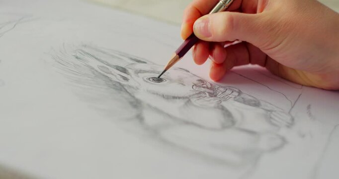 Artist draws a squirrel animal with a pencil. Creative process close-up. Slow motion video in 4k