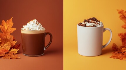 Warm autumn drinks in decorative mugs surrounded by colorful leaves showcasing seasonal flavors