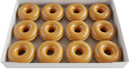 A Dozen Golden-Glazed Donuts in a White Box on Transparent Background