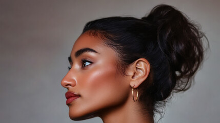 Fototapeta premium Profile portrait of a woman with curly hair and hoop earrings against a neutral background