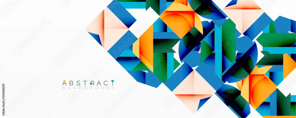Poster Abstract geometric composition with interlocking circular and angular shapes, featuring smooth gradients and sharp contrasts on a white background