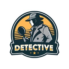 Detective holding magnifying glass in vintage style logo design with bold lettering and distinct graphics