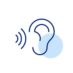 Sound waves and ear. Hearing protection, voice and speech recognition. Hearing accessibility. Pixel perfect, editable stroke vector icon