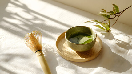 A serene matcha scene, highlighting the beauty of nature and mindful rituals.