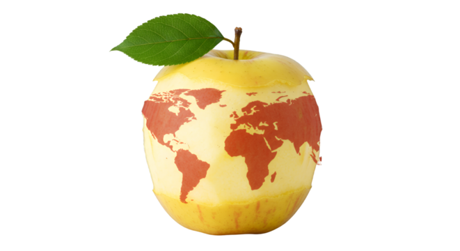 Global Interconnection: Yellow Apple with World Map Imprint - Powered by Adobe