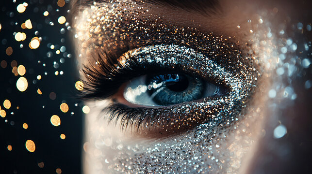 Closeup sparkling eye makeup silver glitter glamour beauty fashion face gold model woman macro shine