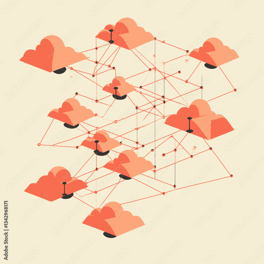 Poster abstract cloud computing network diagram with connecting red lines