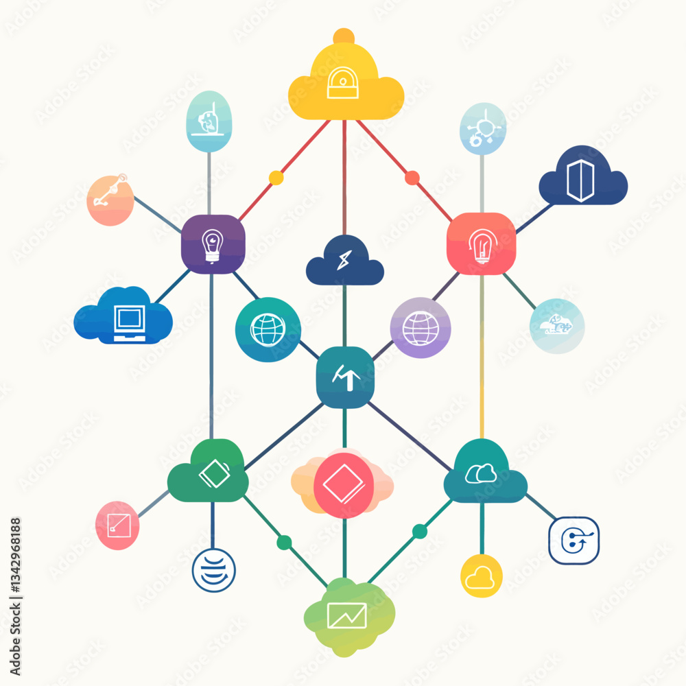 Poster cloud network of interconnected nodes with colorful abstract icons