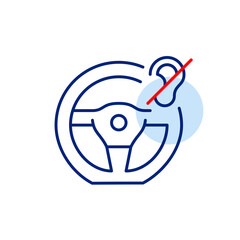 Steering wheel and ear crossed out symbol. Hearing impaired driver, smart voice commands off, no audio distraction while driving. Pixel perfect, editable stroke vector icon