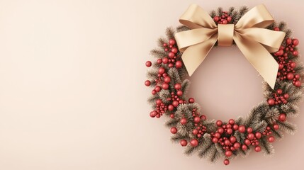 Decorative Wreath Adorned with Red Berries and Gold Ribbon Bow