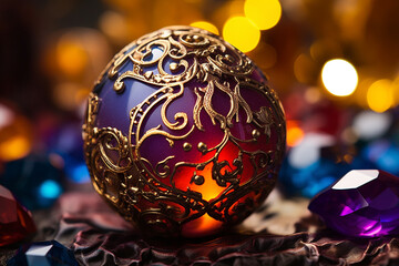 A polished gem glows with eternal allure, its intricate patterns and kaleidoscopic hues whispering tales from epochs past