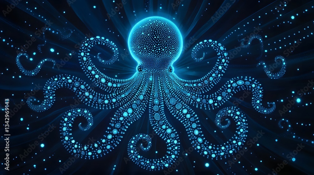 Wall mural a bio luminescent octopus with swirling glowing patterns, moving gracefully through an ethereal deep