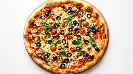Delicious veggie pizza on wooden board. Perfect for food blogs and menus