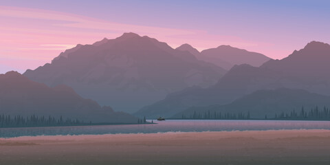 The lakeside landscape with mountain ranges have twilight sky background graphic illustration.