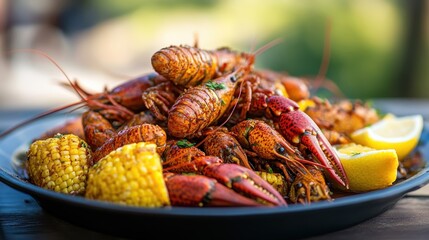 Close-up of boiled crawfish with corn and lemon on a dark plate. Showcase Southern food and Louisiana cuisine with this vibrant image.