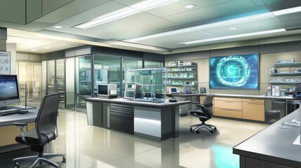 Modern lab research, city view, technology