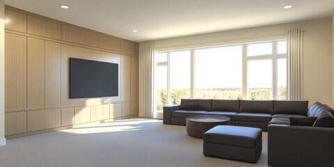 Modern living room with large windows and stylish furniture showcasing natural light