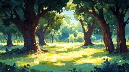 Naklejka premium Sunlit Forest Glade, Peaceful Nature Scene