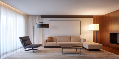 Fototapeta premium Modern minimalist living room design featuring elegant furnishings and soft lighting