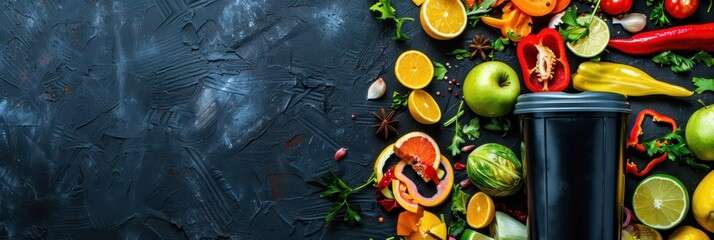 Stop food waste day concept with fresh fruits and vegetables surrounding a trash bin. Horizontal banner. Copy space