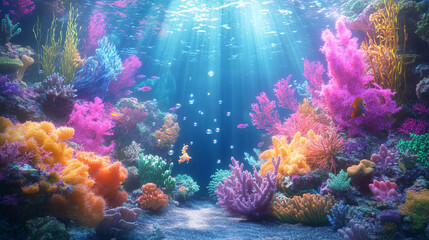 Naklejka premium Underwater Scene of Vibrant Coral Reef with Rays of Sunlight Through Clear in The Ocean Water, Beautiful Underwater Scenery Background Image, Futuristic Ocean with Glowing Holographic Elements.
