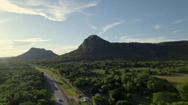 Aerial view of the Cerro Santo Tomas peak in Cerro Santo Tomas State Park at sunset, Paraguay