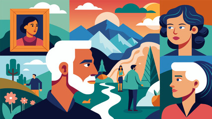 A diverse range of subjects were captured in the exhibition from breathtaking landscapes to intimate portraits all taken through the lens of senior photographers.. Vector illustration