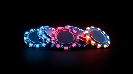 Neon poker chips, hybrid of physical and digital design, glowing with vibrant colors: red, yellow, magenta, and cyan. The chips appear as if they are floating and dynamically moving toward the viewer