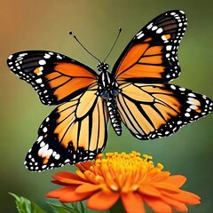 Fototapeta premium A vibrant monarch butterfly with striking orange and black wings rests delicately on a bright orange flower, sipping nectar against a soft green blurred background 0265