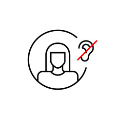 Female user avatar and ear crossed with red line. Mute mode, audio playback off. Hearing impaired or deaf people. Pixel perfect, editable stroke vector icon