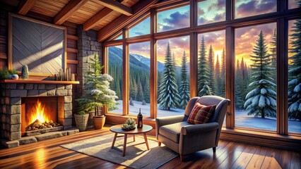 Fototapeta premium Cozy mountain cabin interior, winter wonderland. High depth of field showcases serene forest views.